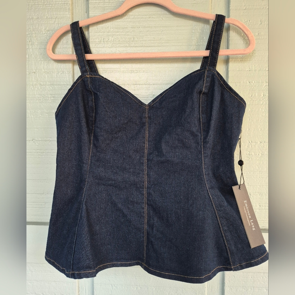 NWT Denim Cropped Baby Doll Camisole Top JRS Medium Smocked Back